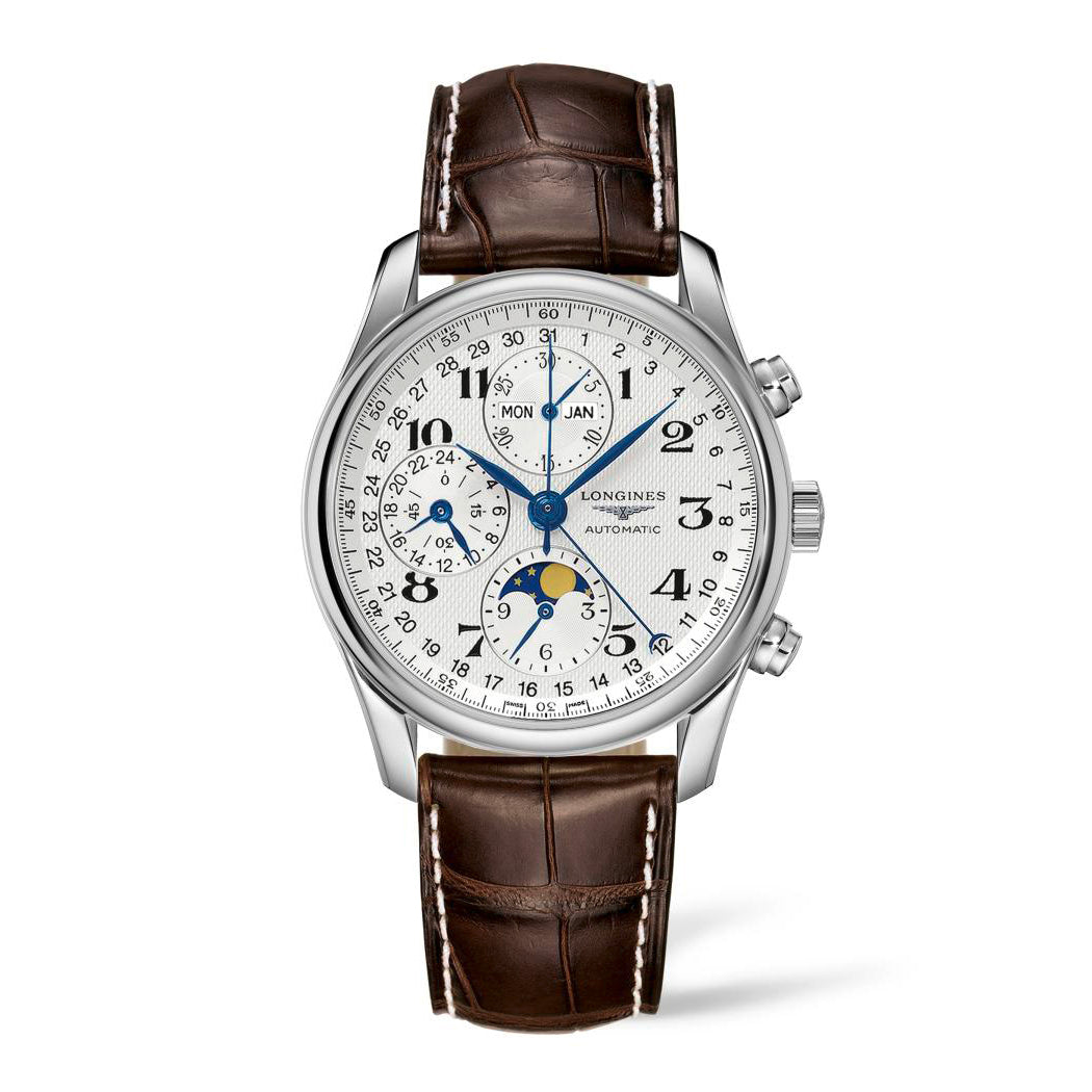 Longines Master Collection Moon Phase Chronograph Watch for Men on Dark Brown Alligator Strap