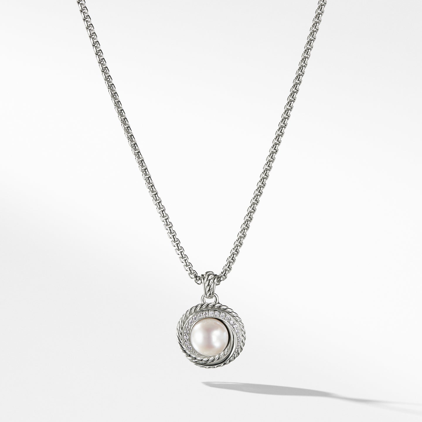 Pearl Crossover Pendant Necklace with Diamonds, 17