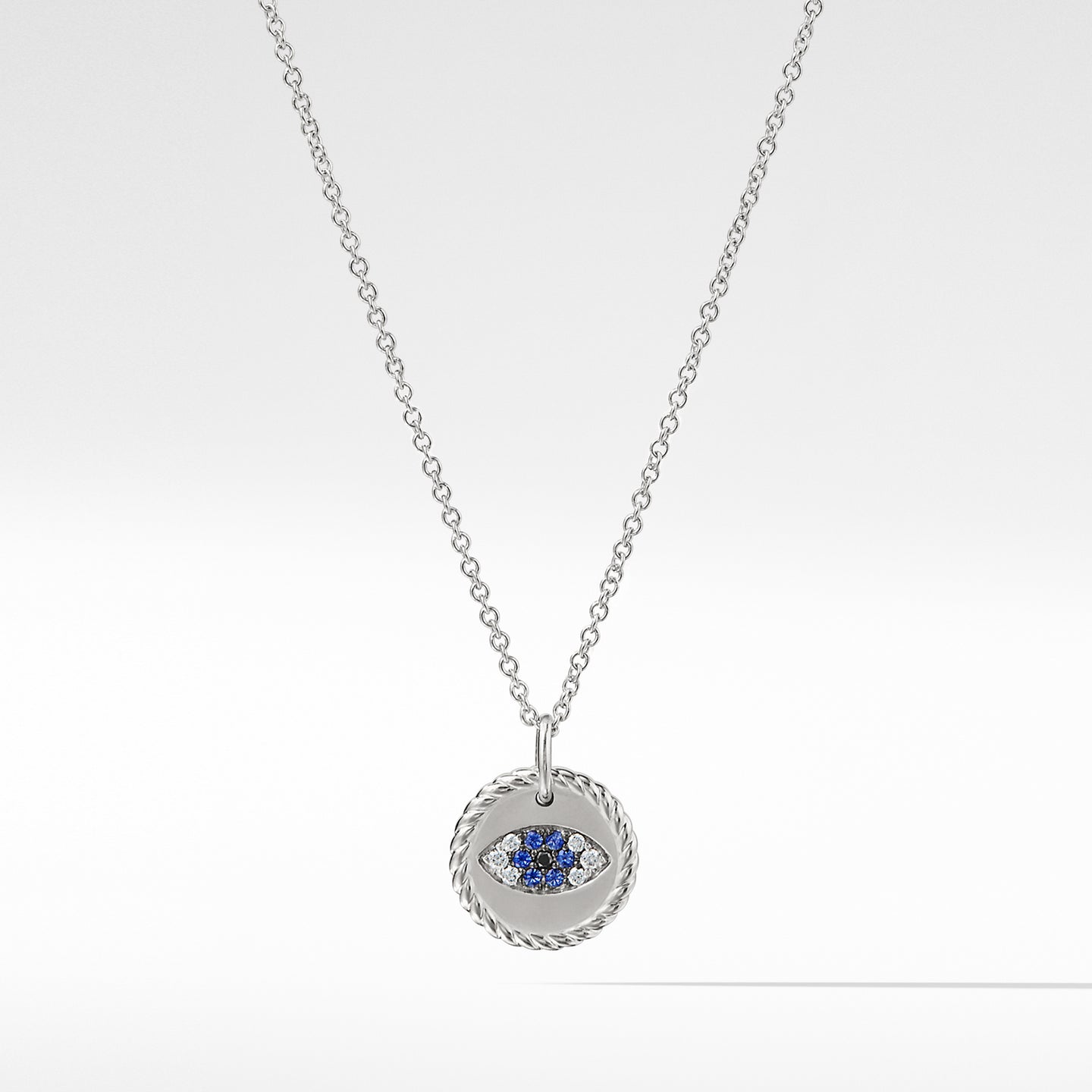 Cable Collectibles® Evil Eye Necklace with Diamonds and Light Blue Sapphires in 18K White Gold, 18