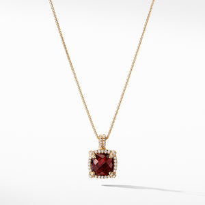 Châtelaine® Pavé Bezel Pendant Necklace with Garnet and Diamonds in 18K Gold, 9mm
