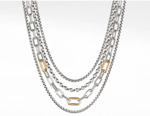 Four Row Mixed Chain Bib Necklace with 18K Yellow Gold