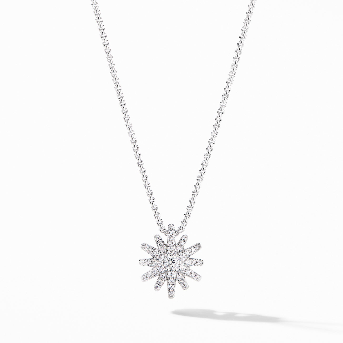 Starburst Pendant Necklace in 18K White Gold with Pavé Diamonds, 17