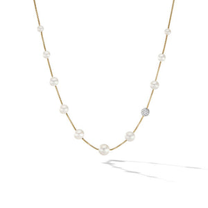Pearl and Pavé Station Necklace in 18K Yellow Gold with Diamonds