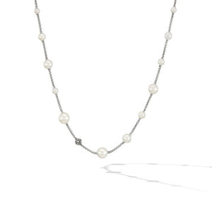Pearl and Pavé Station Necklace in Sterling Silver with Diamonds