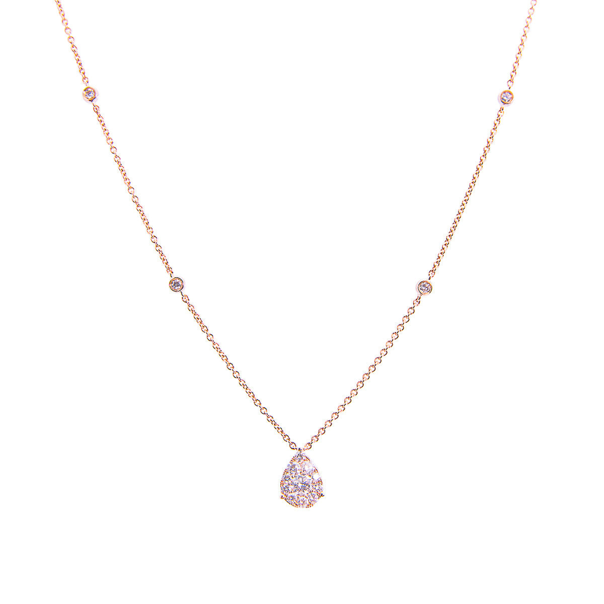 Sabel Collection 14K Rose Gold Diamond Station and Pear Shaped Pendant Necklace