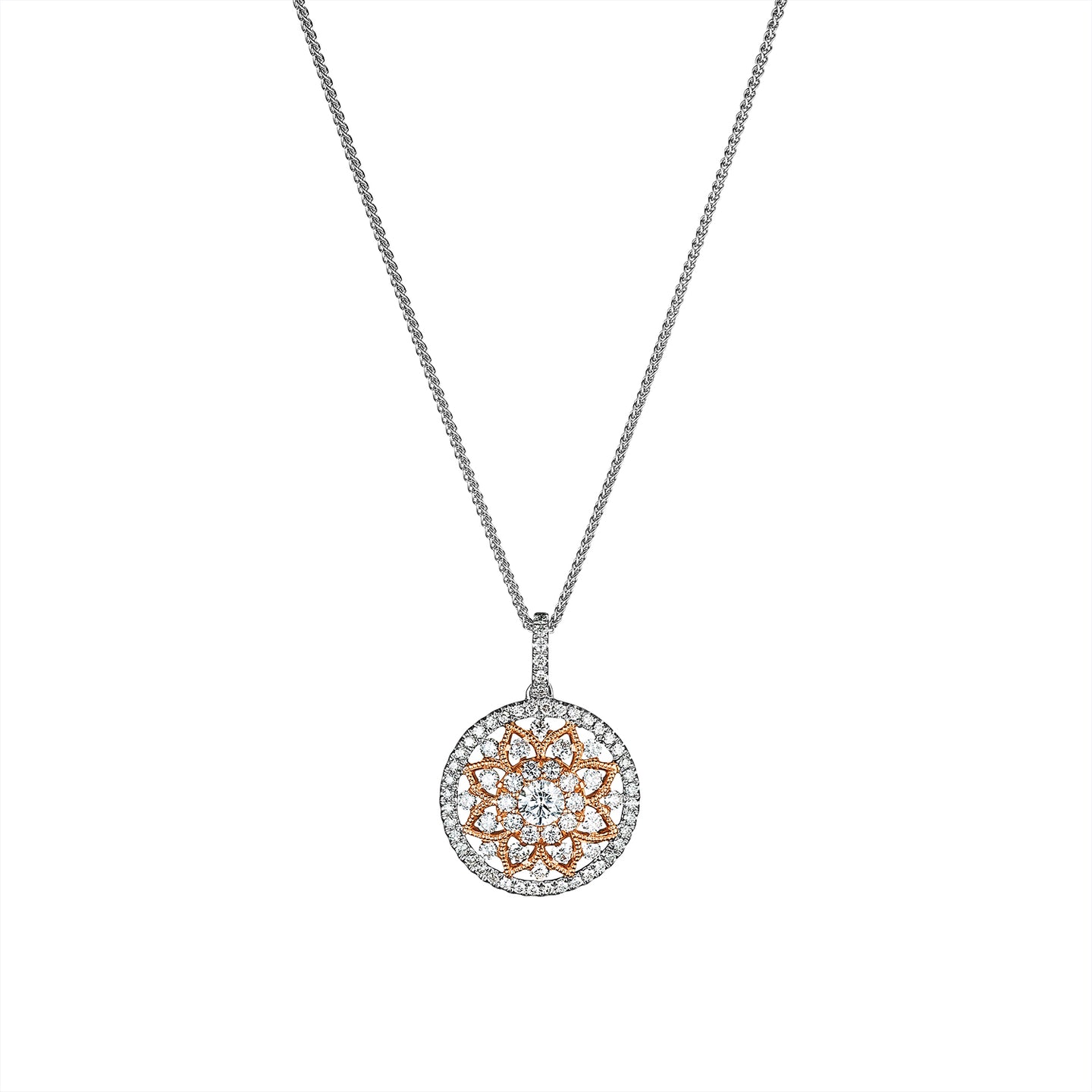 Sabel Collection 14K White and Pink Gold Diamond Filigree Design Pendant Necklace