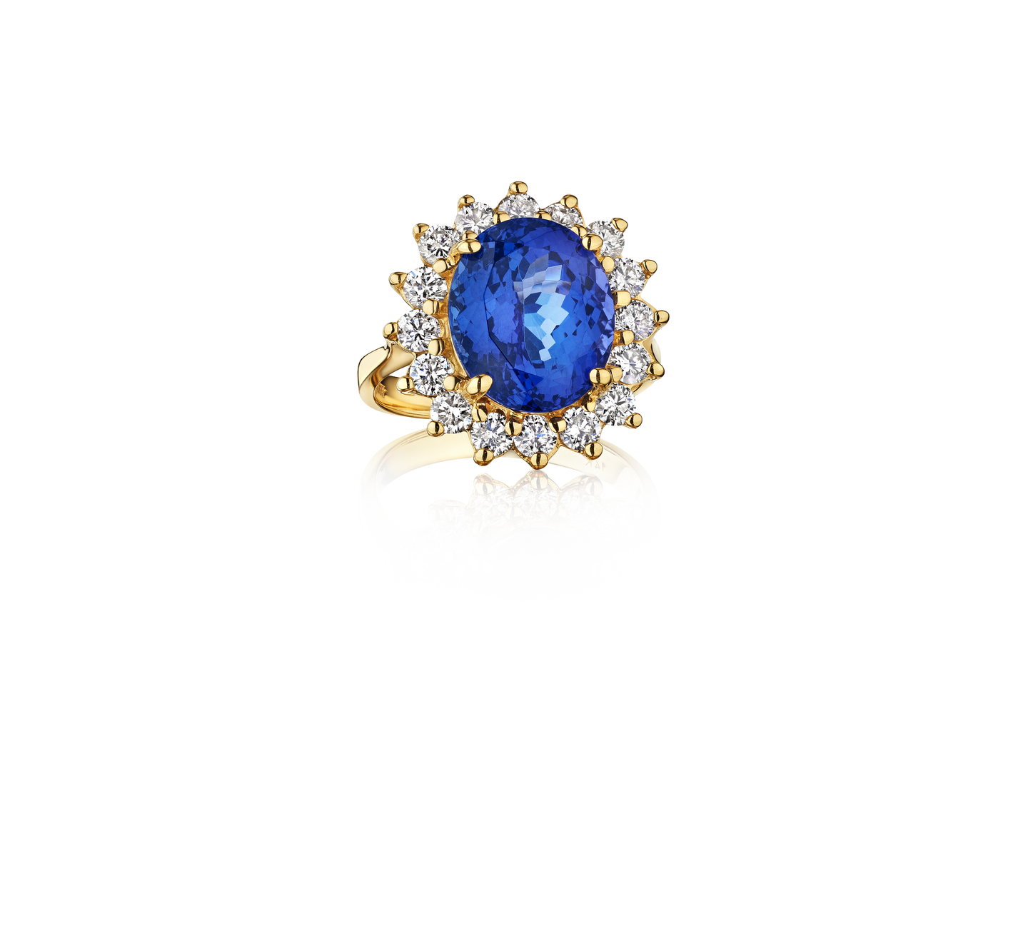 Sabel Collection Yellow Gold Oval Tanzanite and Diamond Halo Ring
