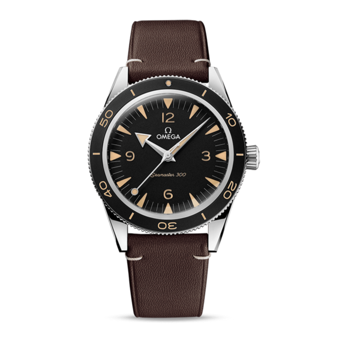 Omega Men's Watch Seamaster Design with Black Dial Presented on Brown Leather Strap