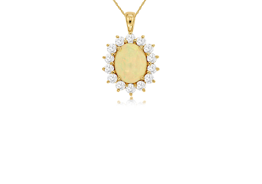 14k Yellow Gold Oval Opal and Diamond Halo Pendant Necklace