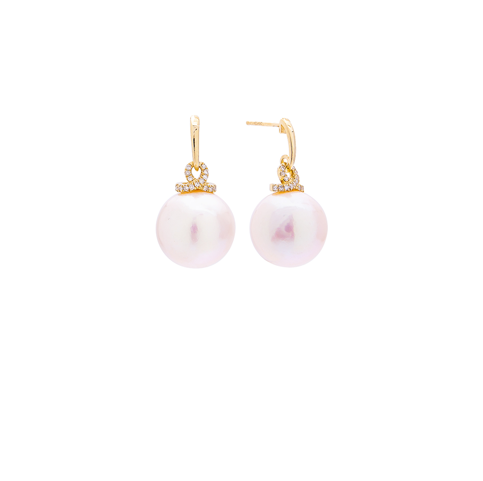 Sabel Pearl 14K Yellow Gold 12-13mm White Ming Pearl and Diamond Dangle Earrings