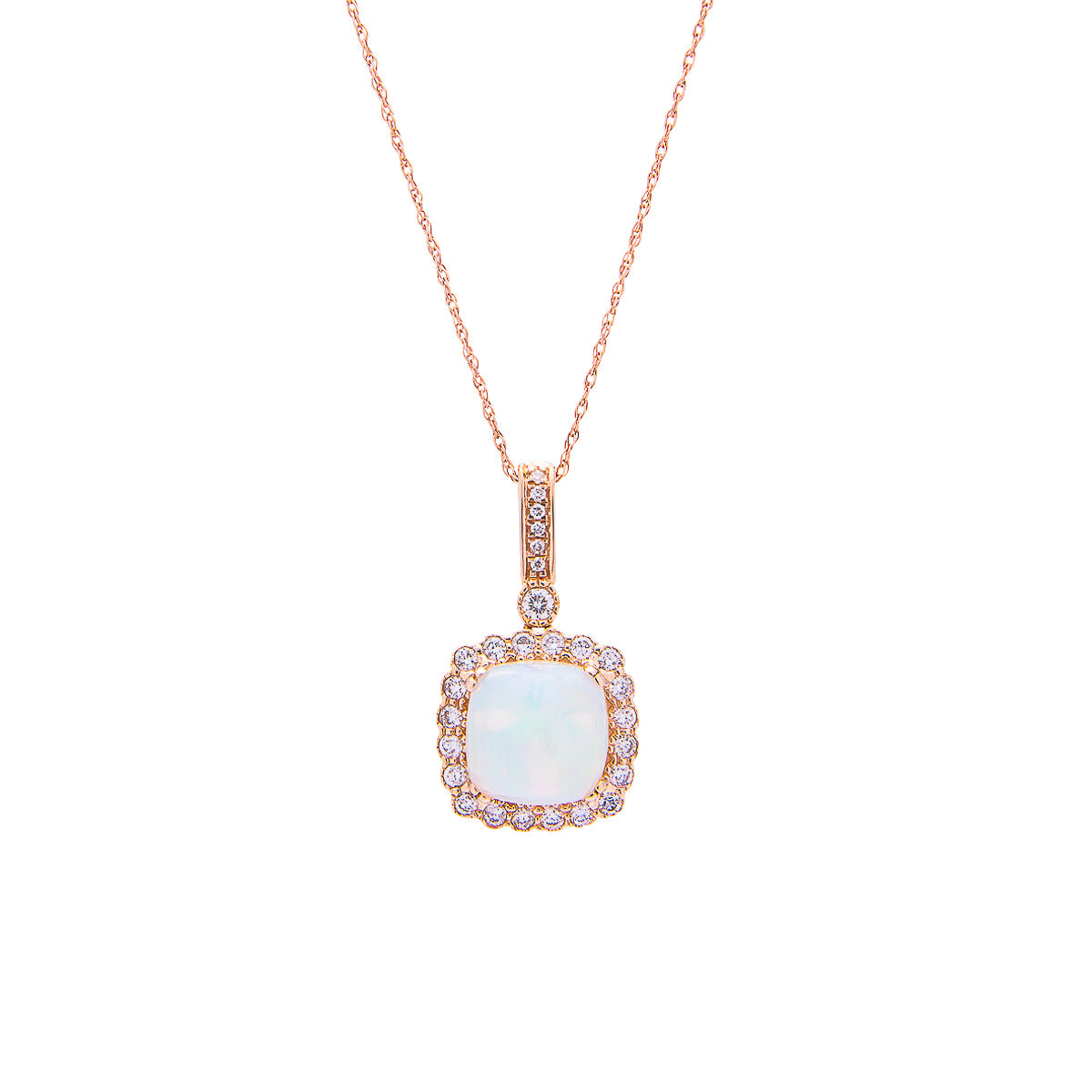 Sabel Collection 14K Rose Gold Cushion Opal and Diamond Halo and Bail Accent Pendant Necklace