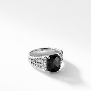 Petite Wheaton Ring with Black Onyx and Diamonds, Size 7
