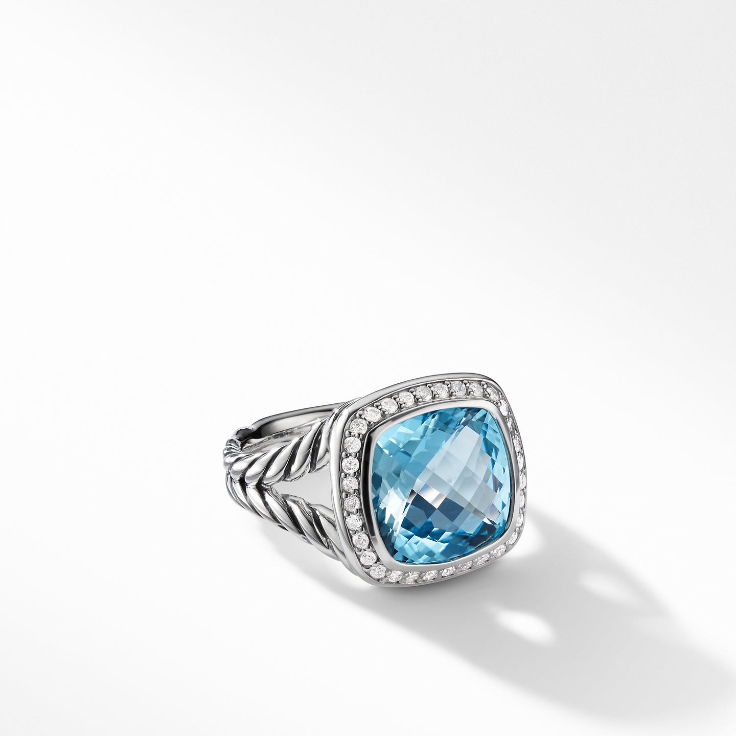 Ring with Blue Topaz and Diamonds, Size 6