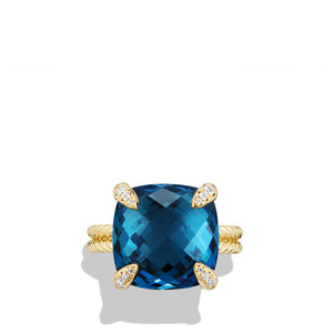 Châtelaine Ring with Hampton Blue Topaz and Diamonds in 18K Gold, Size 6