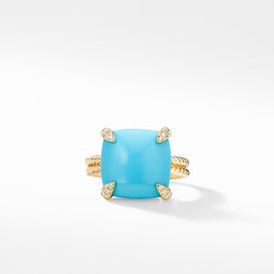 Châtelaine Ring with Turquoise and Diamonds in 18K Gold, Size 6