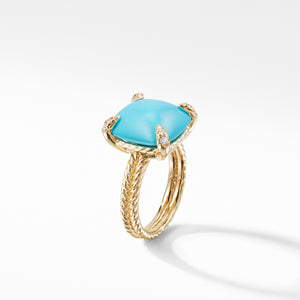 Châtelaine Ring with Turquoise and Diamonds in 18K Gold, Size 6