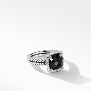 Chatelaine® Pave Bezel Ring with Black Onyx and Diamonds, Size 8