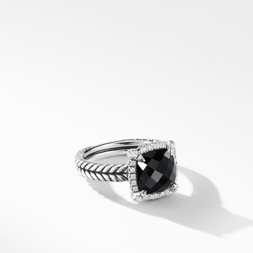 Chatelaine® Pave Bezel Ring with Black Onyx and Diamonds, Size 8