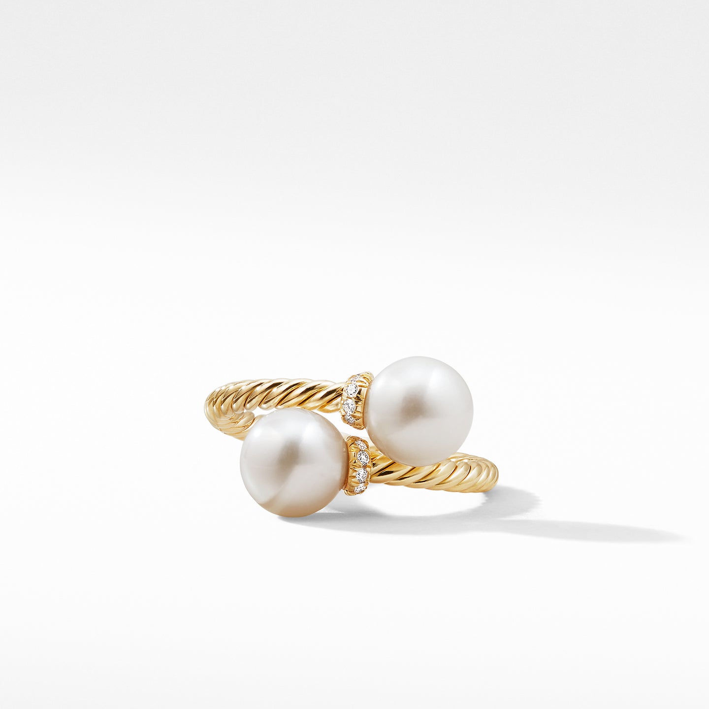 Bypass Ring with Pearls and Diamonds in 18K Gold, Size 7