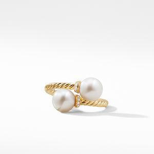Bypass Ring with Pearls and Diamonds in 18K Gold, Size 6