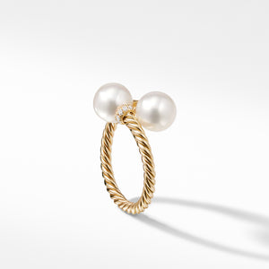 Bypass Ring with Pearls and Diamonds in 18K Gold, Size 7