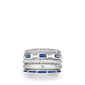 Stax Color Ring with Sapphires, Blue Enamel and Diamonds in 18K White Gold, 13mm, Size 7