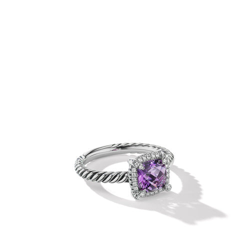 Petite Chatelaine Pavé Bezel Ring with Amethyst & Diamonds, Size 6