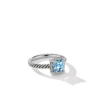 Petite Chatelaine Pavé Bezel Ring with Blue Topaz & Diamonds, Size 6