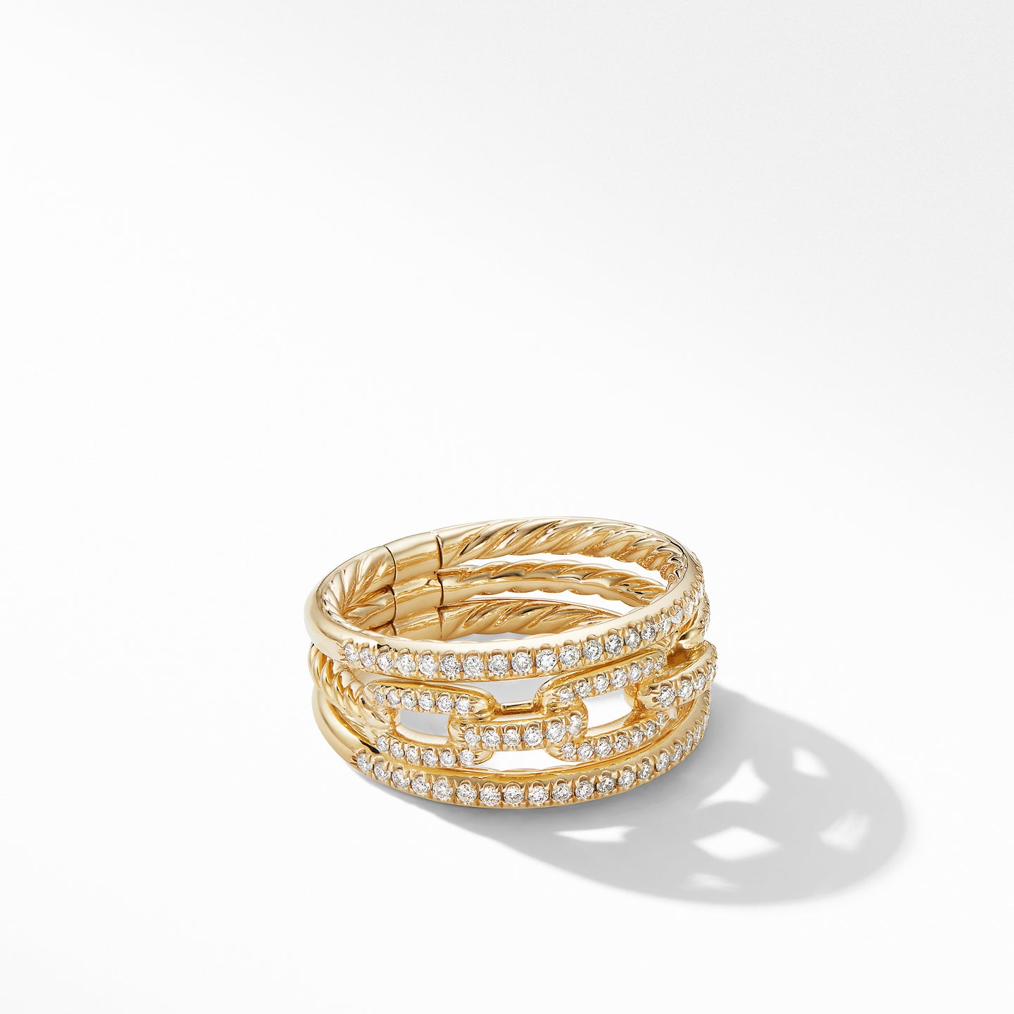 Stax Three-Row Chain Link Ring in 18K Yellow Gold and Diamonds, Size 6.5