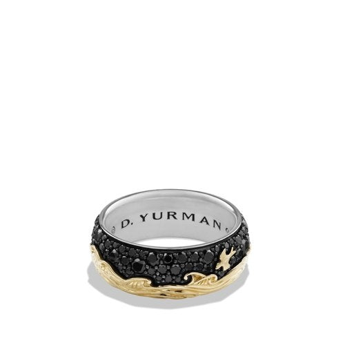 Waves Band in Sterling Silver and 18K Gold with Black Diamonds, Size 11.5