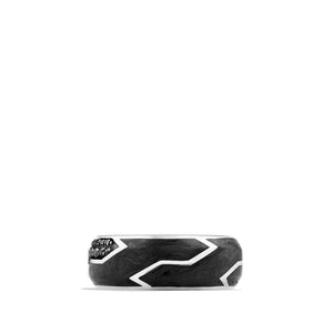 Forged Carbon Ring with Black Diamonds in Silver, Size 9.5