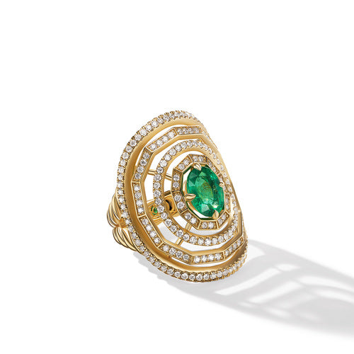 Stax Stone Ring in 18K Yellow Gold with Full Pave Diamonds and Emerald