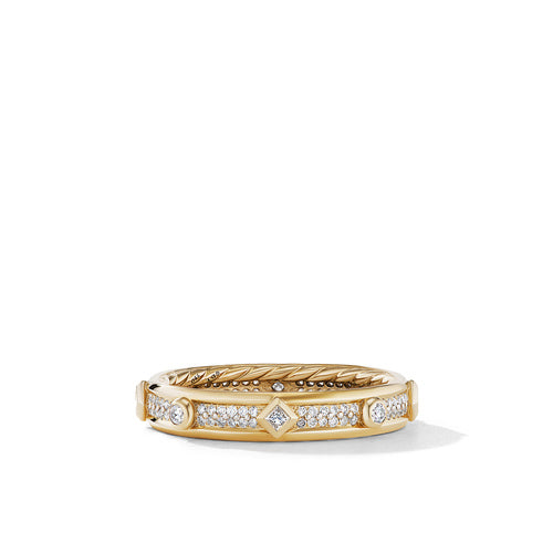 Modern Renaissance Band Ring in 18K Yellow Gold with Full Pavé Diamonds, Size 7