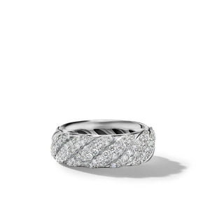 Sculpted Cable Band Ring in Sterling Silver with Pavé Diamonds, Size 7