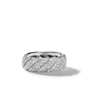 Sculpted Cable Band Ring in Sterling Silver with Pavé Diamonds, Size 6