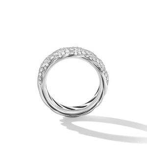 Sculpted Cable Band Ring in Sterling Silver with Pavé Diamonds, Size 7
