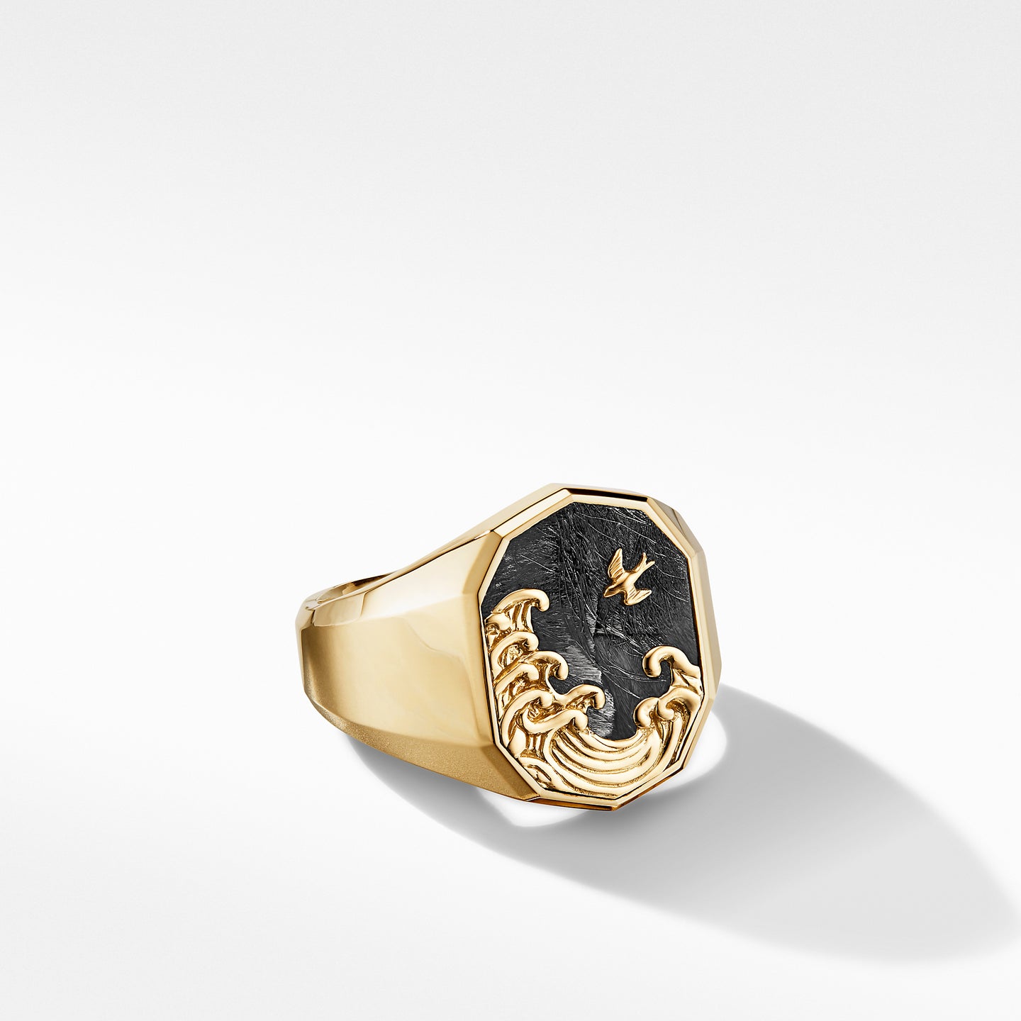Waves Signet Ring in 18K Yellow Gold with Forged Carbon, Size 9