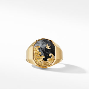 Waves Signet Ring in 18K Yellow Gold with Forged Carbon, Size 9