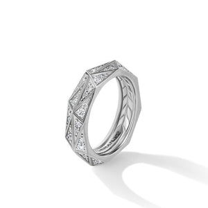 Torqued Faceted Band Ring in Sterling Silver with Pavé Diamonds, Size 10
