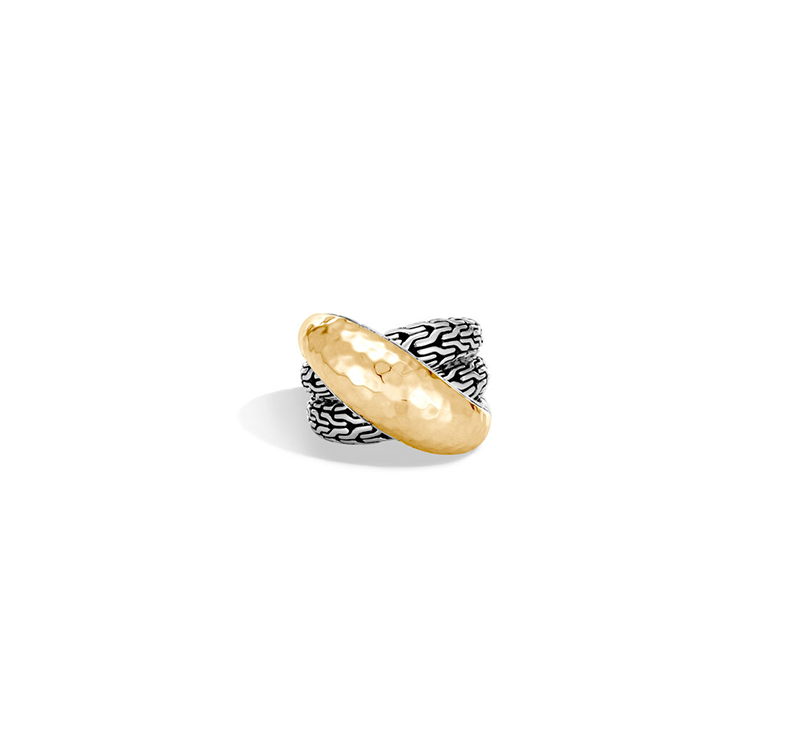 John Hardy Classic Chain Sterling Silver and Yellow Gold Hammered Overlap Ring
