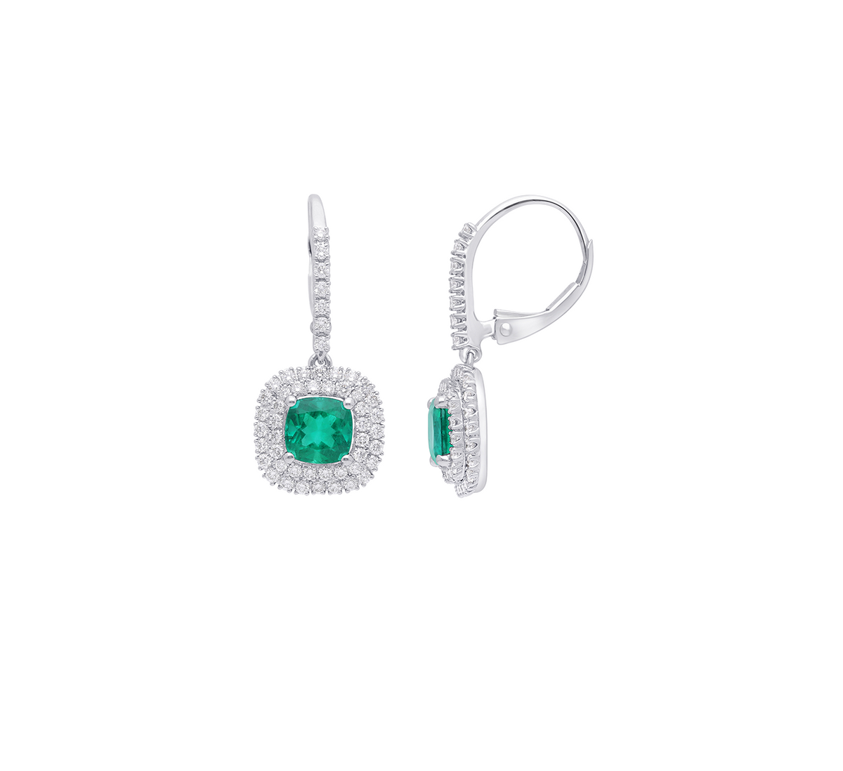 White Gold Cushion Emerald and Diamond Earrings Fink's