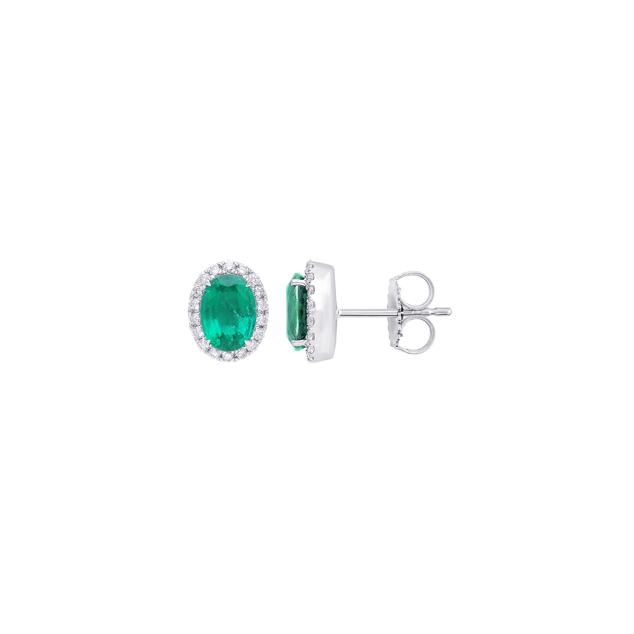 18k White Gold Oval Emerald and Diamond Halo Earrings