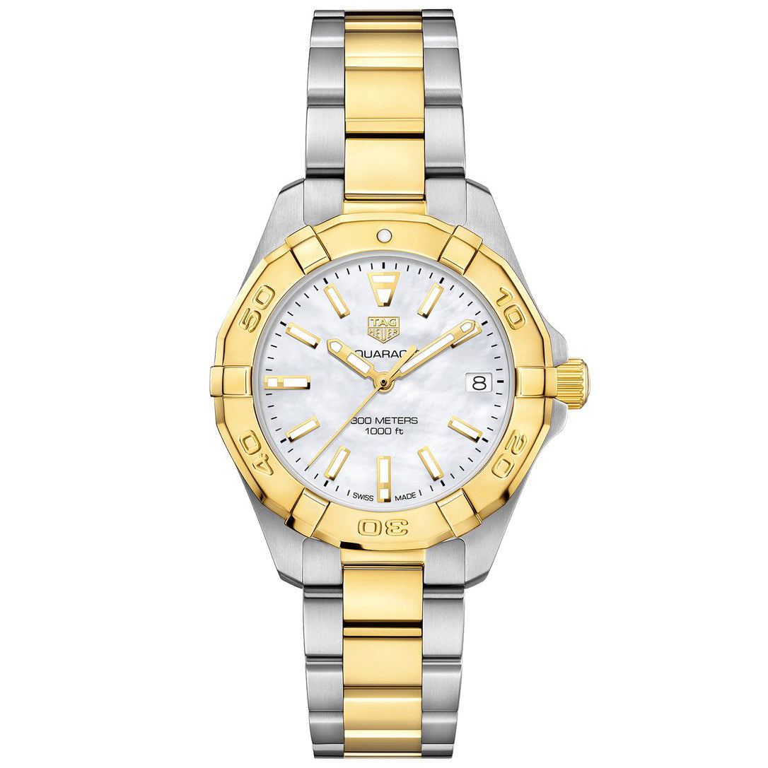 TAG Heuer Ladies' Aquaracer Quartz Movement Mother-of-Pearl Dial and Yellow Gold Bezel Watch