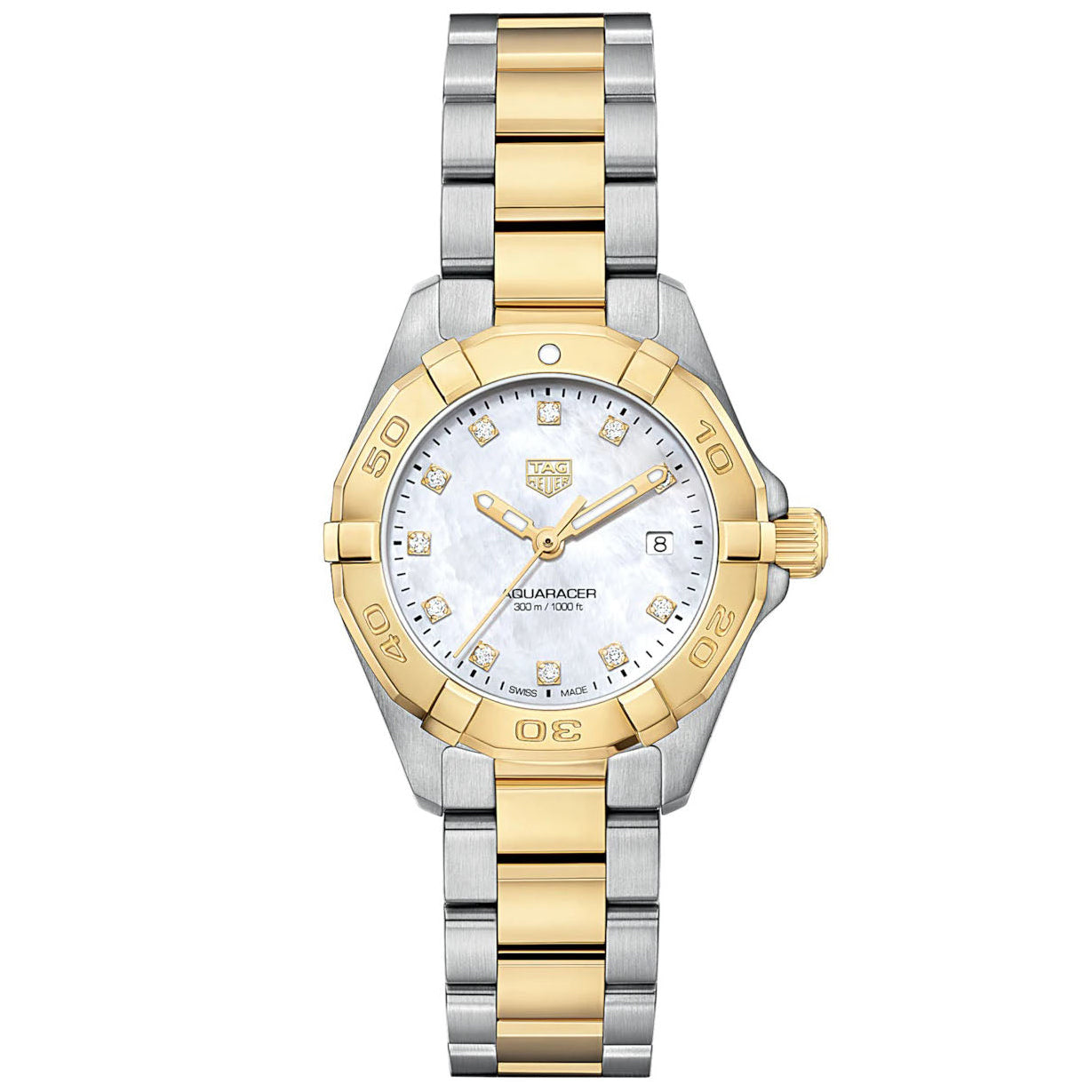 TAG Heuer Ladies' Aquaracer 27mm Quartz Stainless Steel and Yellow Gold Mother-of-Pearl Dial Watch with Diamond Accents