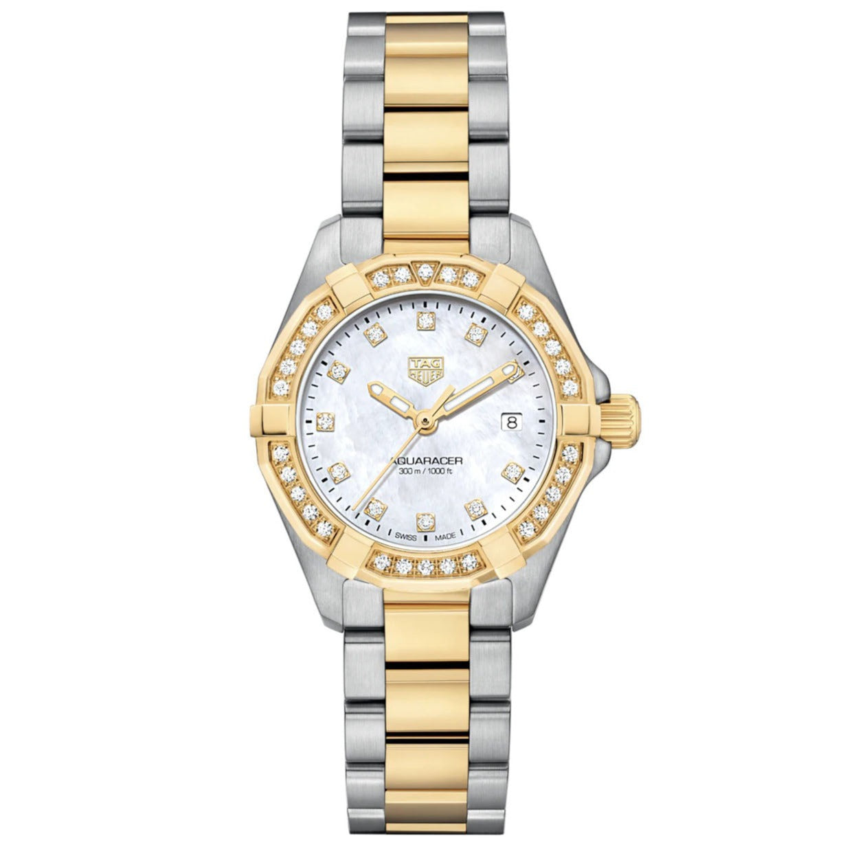 TAG Heuer Ladies' Aquaracer 27mm Quartz Stainless Steel and Yellow Gold Mother-of-Pearl Dial Watch with Diamond Bezel
