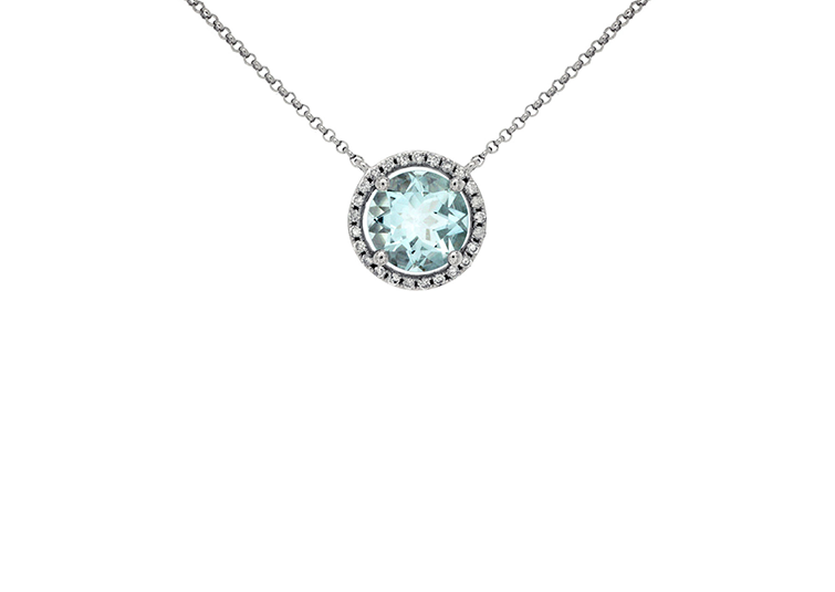 14k White Gold Round Aquamarine and Diamond Halo Pendant