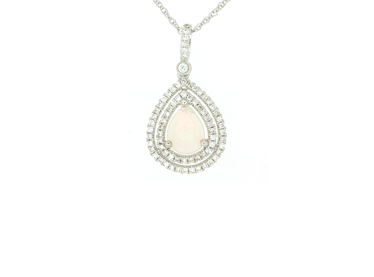 14k White Gold Pear Opal and Diamond Double Halo Pendant
