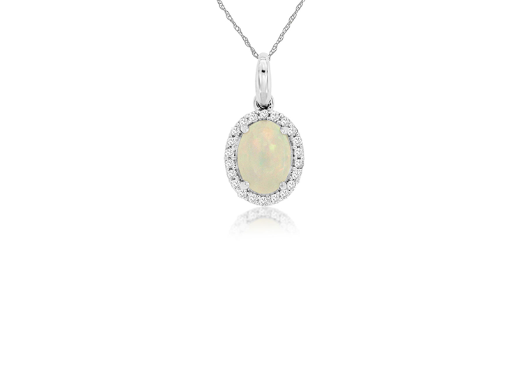 14k White Gold Oval Opal and Diamond Halo Pendant