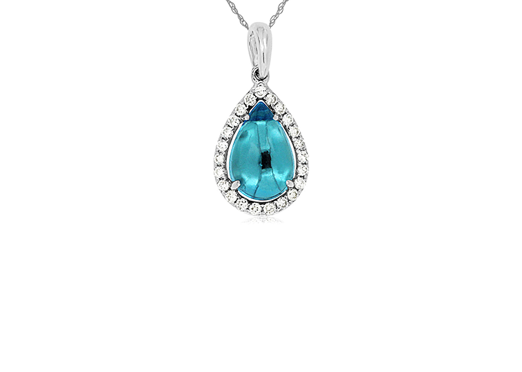 14k White Gold Pear Blue Topaz and Diamond Pendant