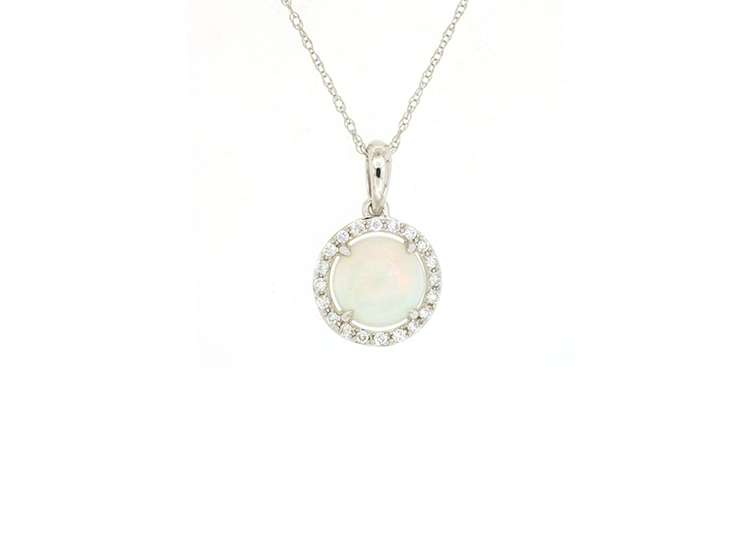 Sabel Collection White Gold Round Opal and Round Diamond Halo Pendant Necklace